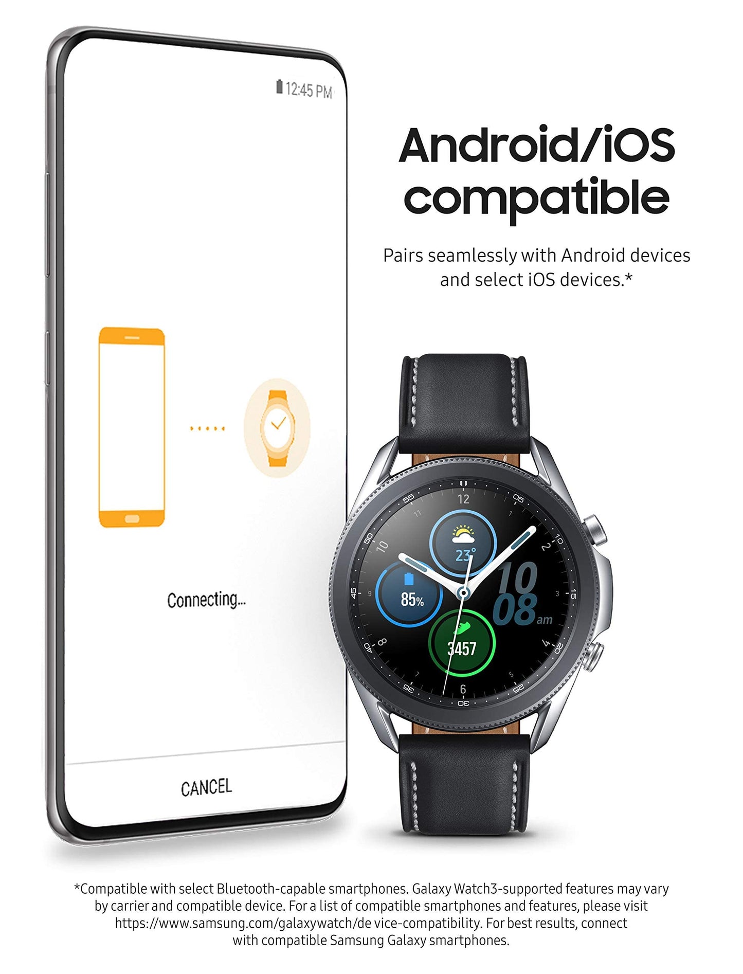 Samsung Galaxy Watch3 SM-R850 41mm Mystic Silver Stainless Steel Case with Black - SM-R850NZSAXAR