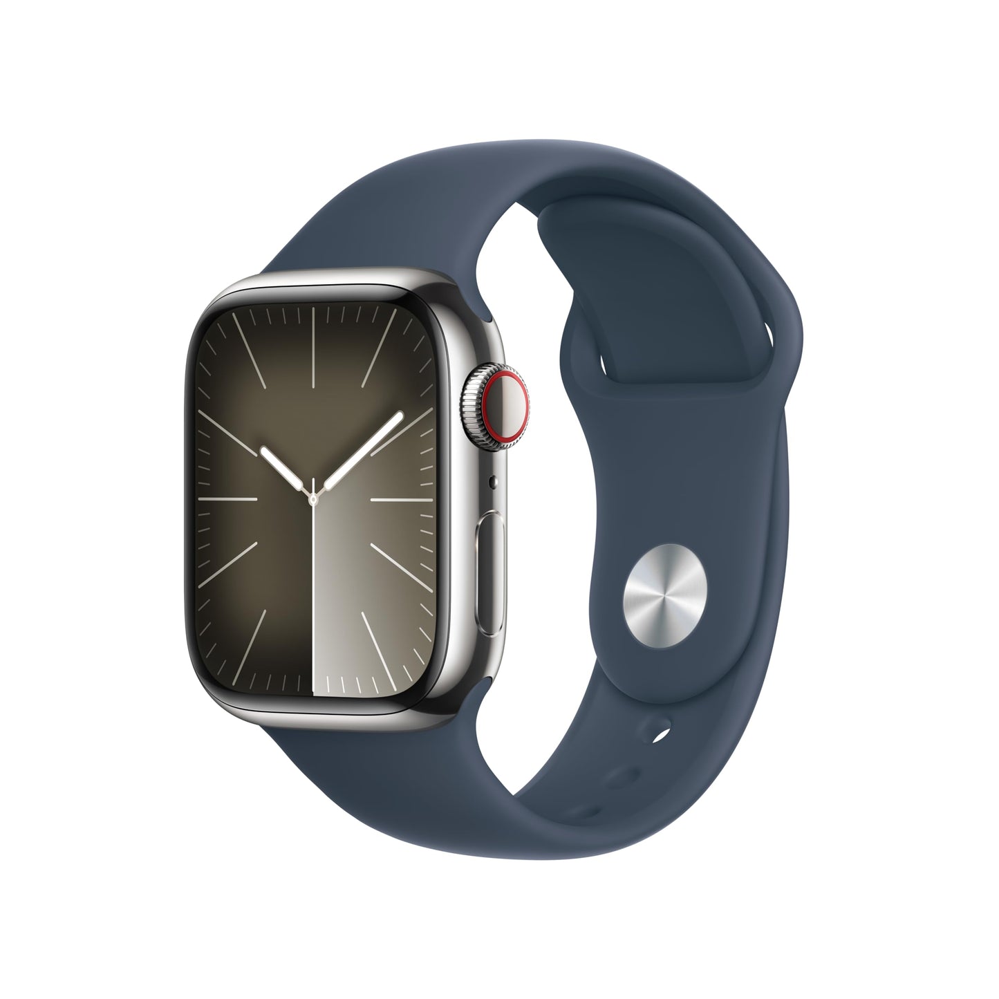 Apple Watch Series 9 (GPS + Cellular) 41mm Stainless Steel Case w/ Storm Blue Sport Band – M/L – Silver – MRJ33LL/A