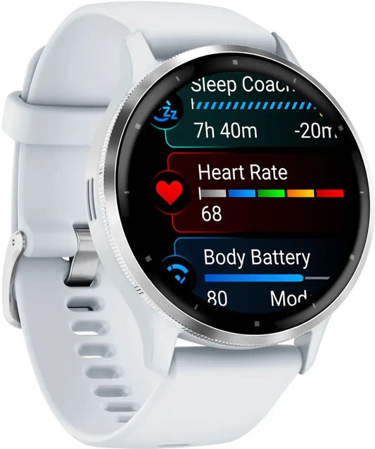 Garmin Venu 3 GPS Smartwatch – 45mm Silver Stainless Steel Bezel with Whitestone Case and Silicone Band – 010-02784-00