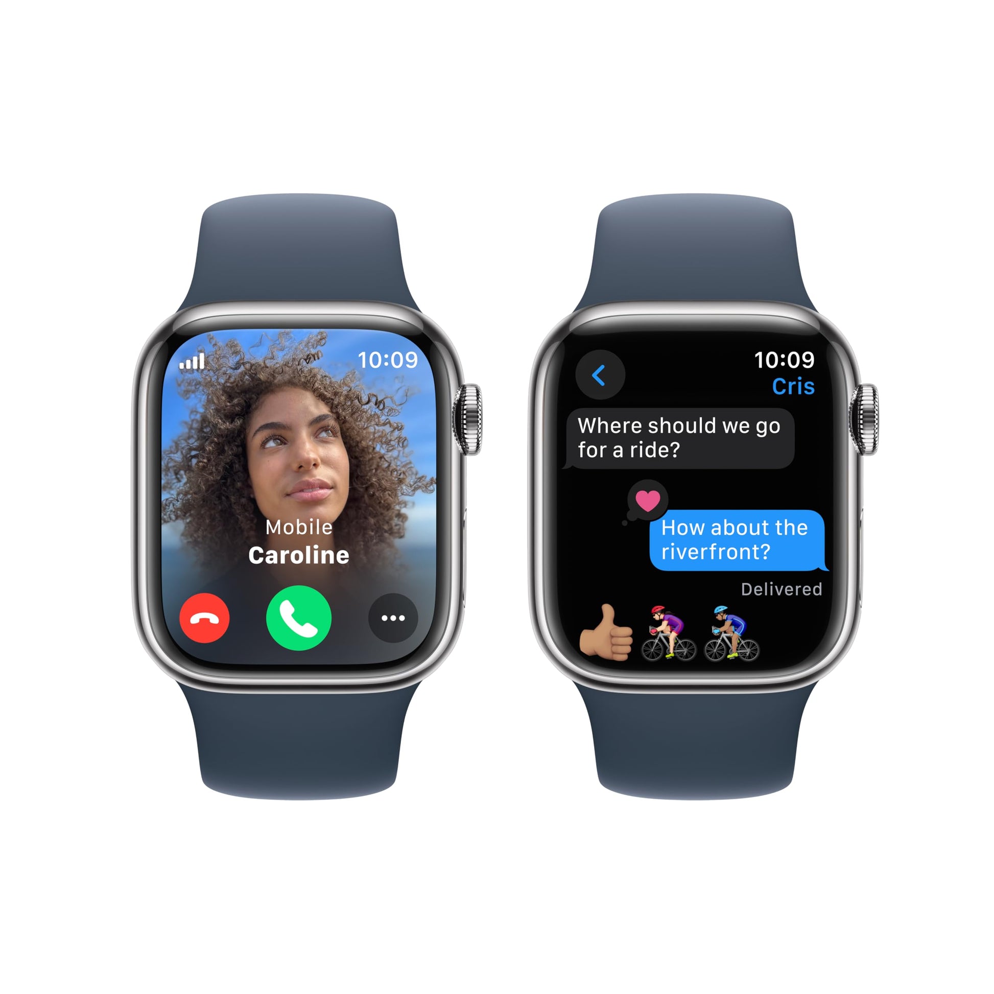 Apple Watch Series 9 (GPS + Cellular) 41mm Stainless Steel Case w/ Storm Blue Sport Band – M/L – Silver – MRJ33LL/A