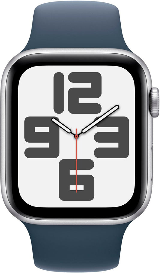Apple Watch SE 2nd Generation (GPS + Cellular) 44mm Silver Aluminum Case with Storm Blue Sport Band S/M - MRHE3LL/A