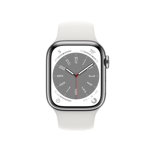 Apple Watch Series 8 GPS + Cellular 41mm Silver Stainless Steel Case with White Sport Band - M/L - MNV83LL/A