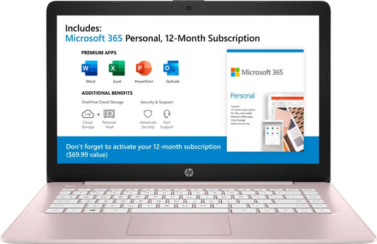 HP Stream – 14" WXGA – AMD A4-9120e – 4GB RAM – 64GB eMMC – Rose Gold – 14-ds0023dx