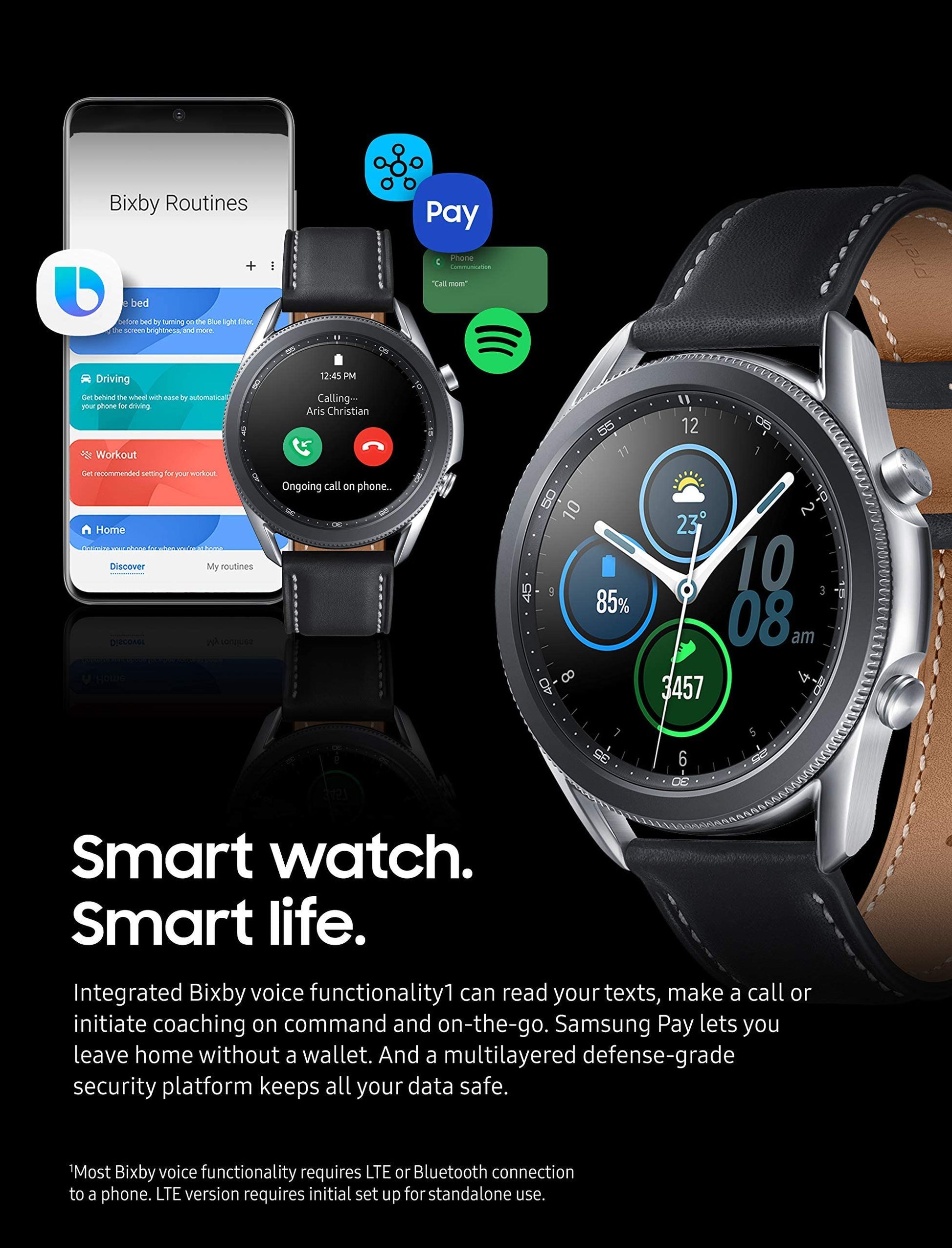 Samsung Galaxy Watch3 SM-R850 41mm Mystic Silver Stainless Steel Case with Black - SM-R850NZSAXAR
